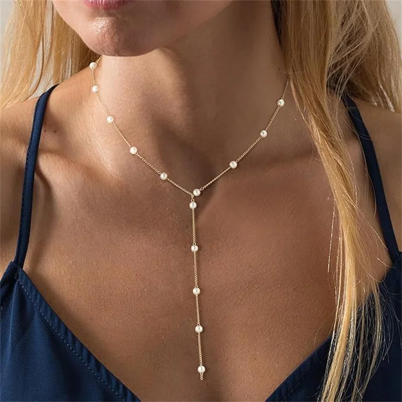 

Vintage Gold Color Long Tassel Chain Necklaces for Women Simple Metal Geometric Y Shape Beads Choker Party Aesthetics Jewelry