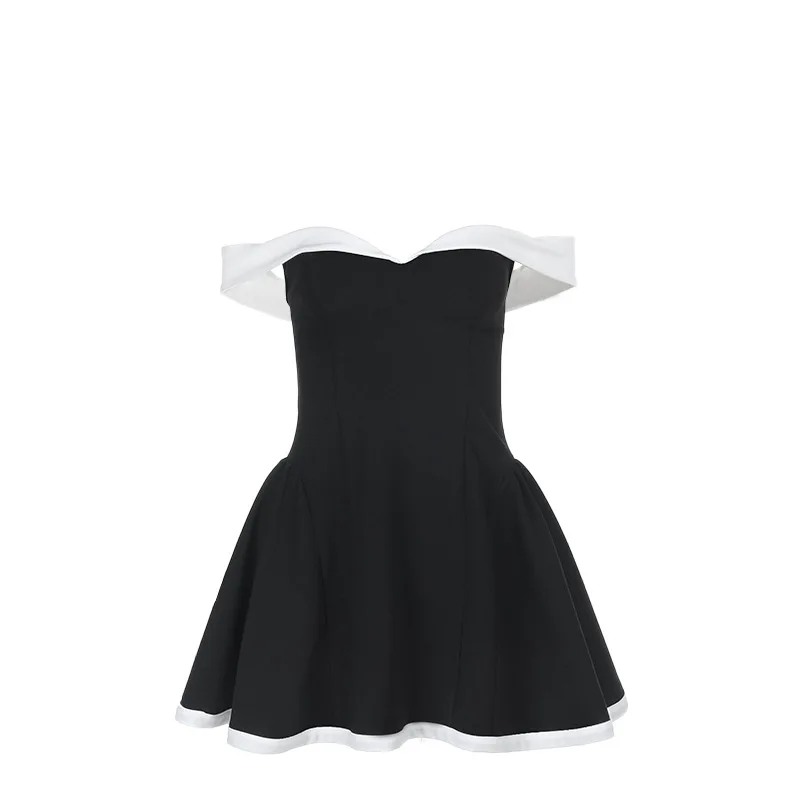 

Elegant One-Shoulder Color-Block Short Dress for Women Chest Revealing Waist Cinching Design Fashionable Flattering Figure Fit