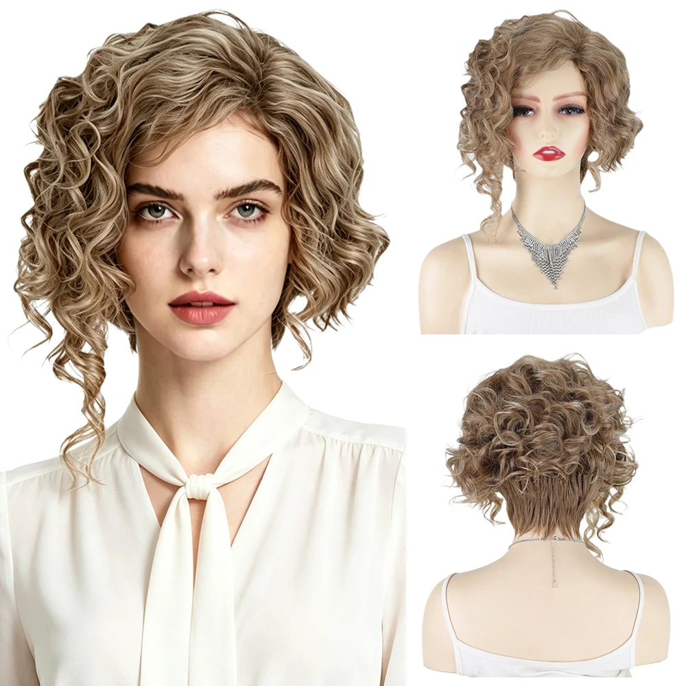 Ash Blonde Short Curly Wigs Women Natural Looking Soft Bouncy Wavy Bob Wig Heat Resistant Synthetic Hair For Daily Cosplay Party