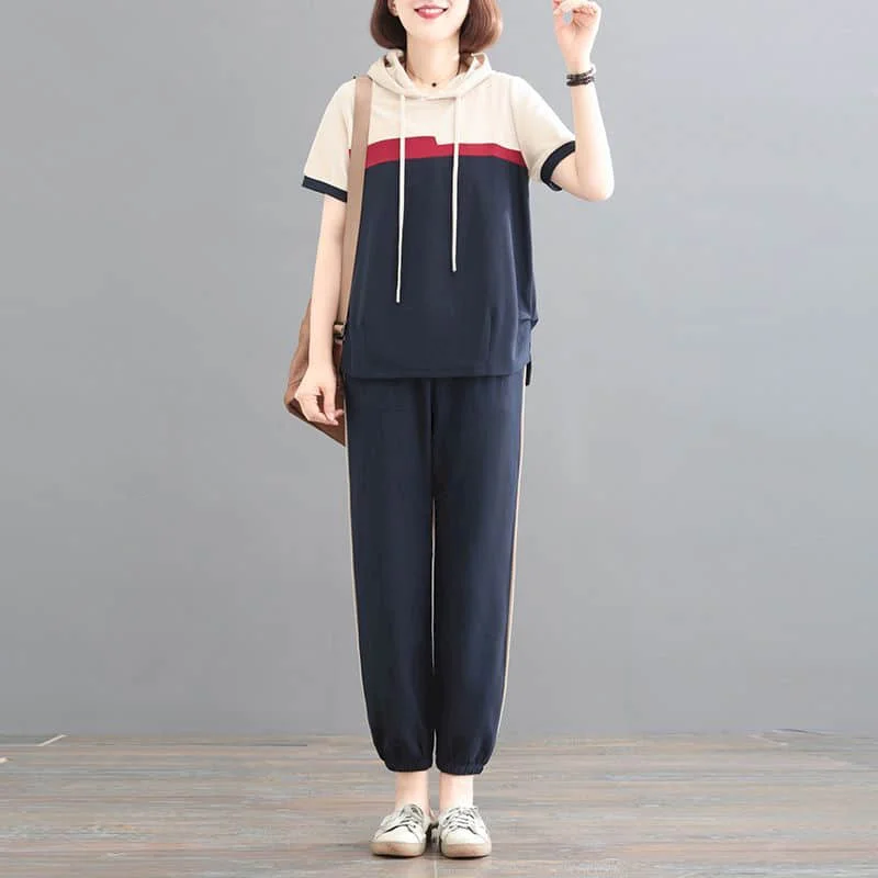 Pants Set Large Size Korean Style Loose Short Sleeve Hooded Tracksuit T-shirt and Blue Harem Pants Two Piece Set Women Outfits