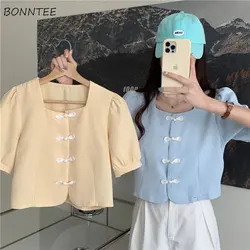 Crop Tops Shirts Women Vintage Chic Buttons Chinese Style Square Collar Summer Fashion Tender Girlish Streetwear Simple Students