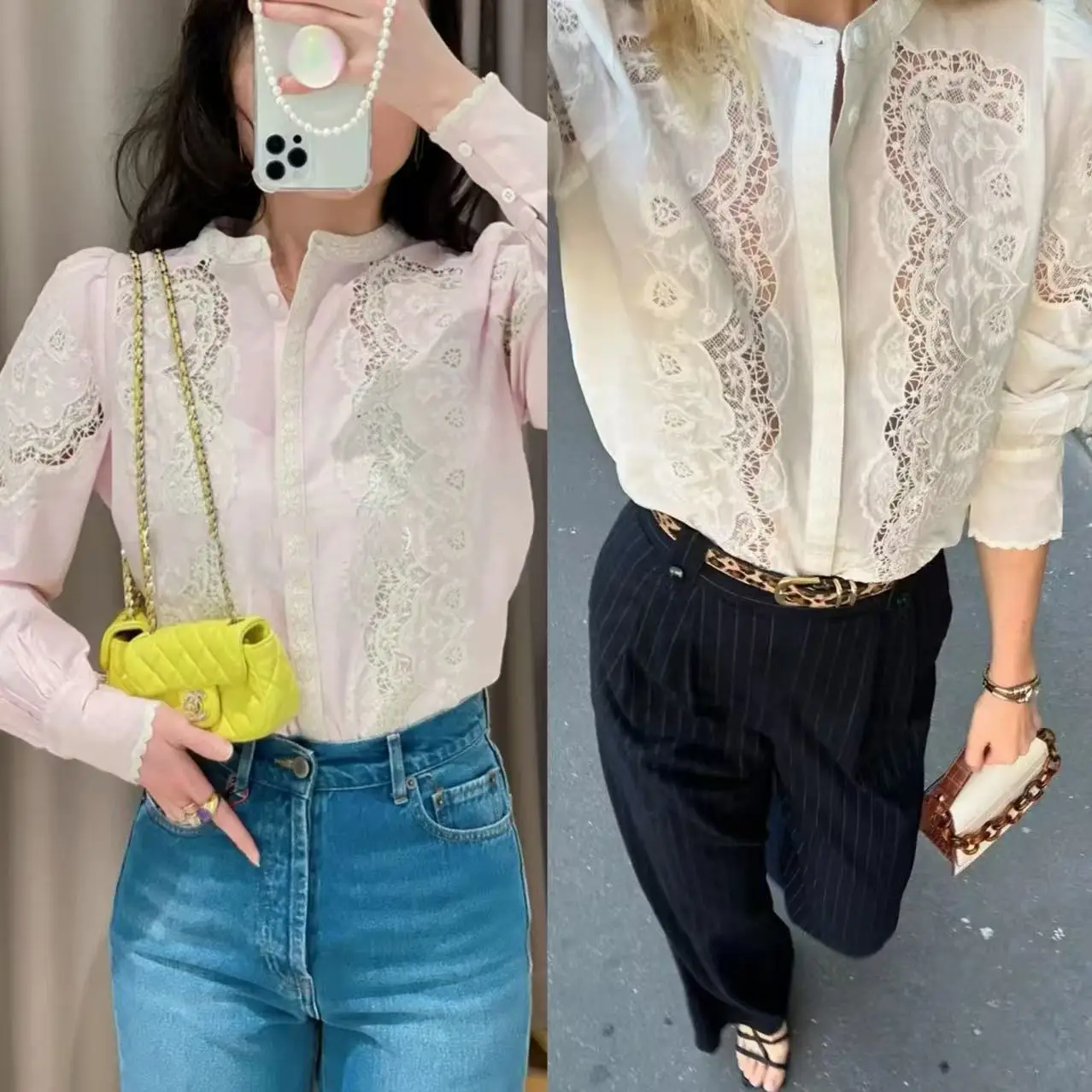 

Ele Long Sve Embroidered Lace Hollow out Bubble Sve irt round Ne Cotton Women's Faion French Sle Cotton irt