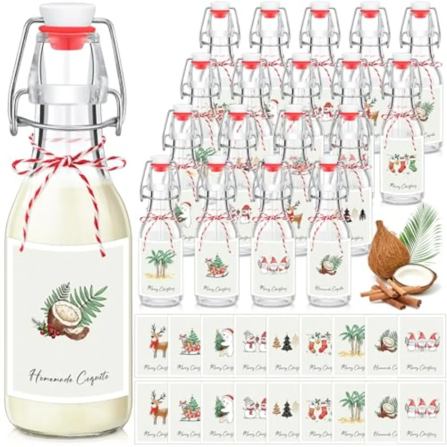 

16 шт. стеклянных бутылок Coquito Swing Top объемом 8 унций с герметичными крышками, этикетками и пробками, прозрачные бутылки с откидной крышкой для праздничного напитка "Мерри Кристмас"