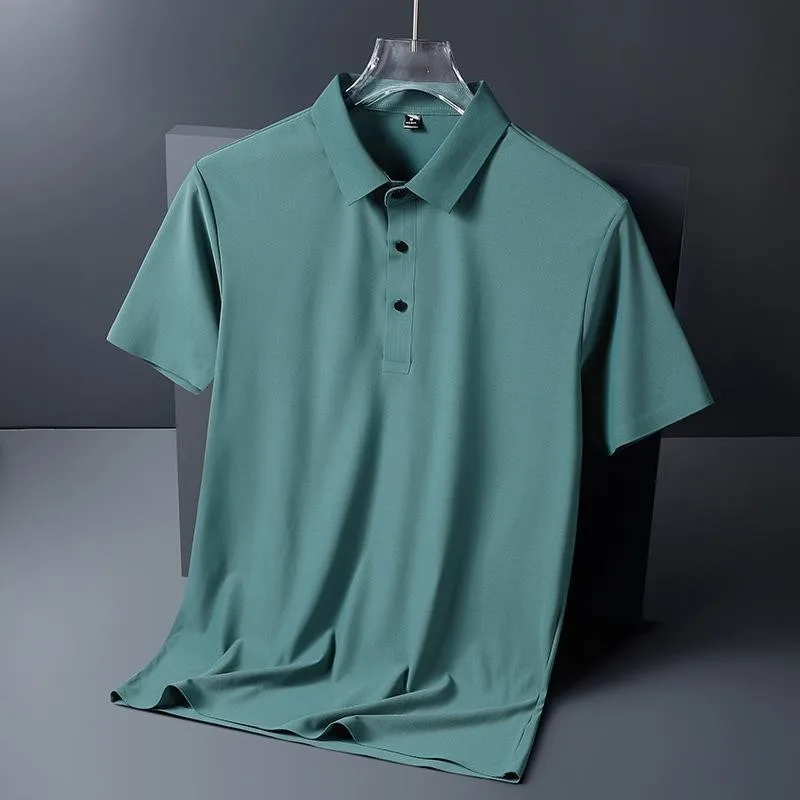 

M-5xlgolf Solid Ice Silk Traceless Silk Loose Polo Shirt Short Sleeve T-shirt Men's Elastic Ironless Thin Polo Neck Light Luxury