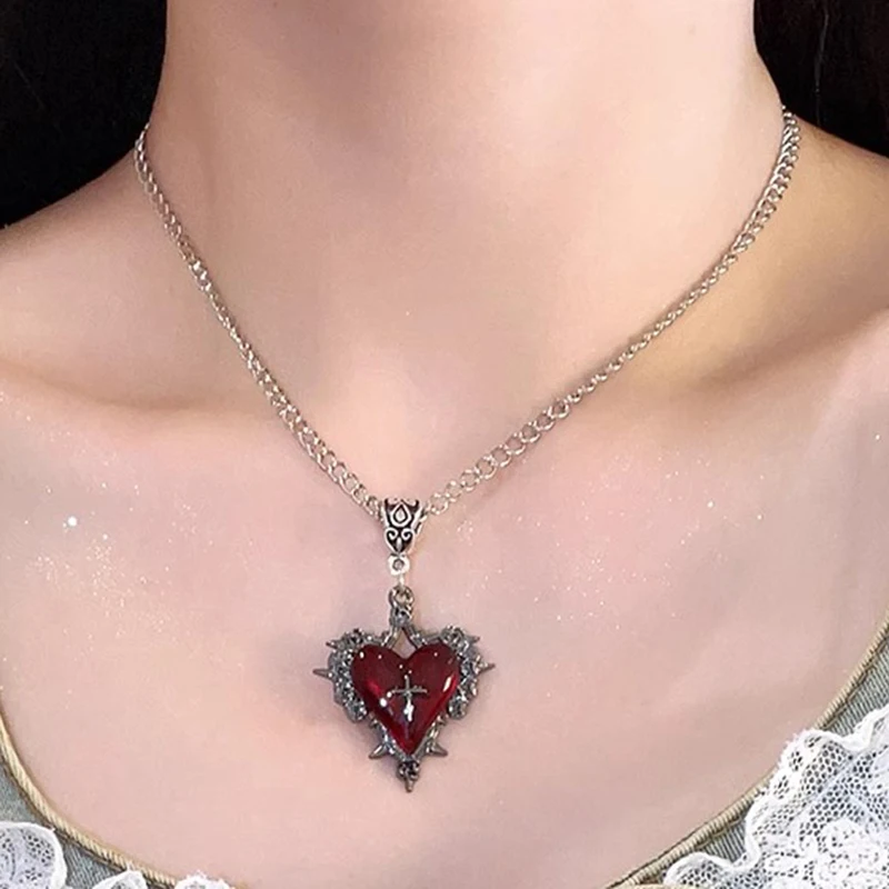 Gothic Thorn Cross Rose Red Heart Pendant Necklace for Women Men Vintage Trend Unisex Cross Choker Halloween Party Jewelry Gift