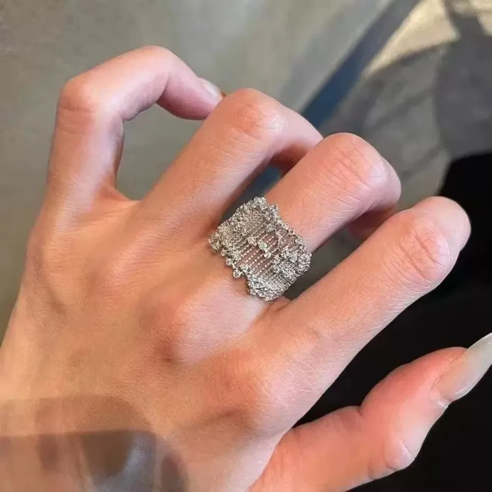 Adjustable Openwork Rhinestone Ring Openwork Setting Rhinestone Rhinestone Hollow Ring Alloy Palace Style Index Finger Ring