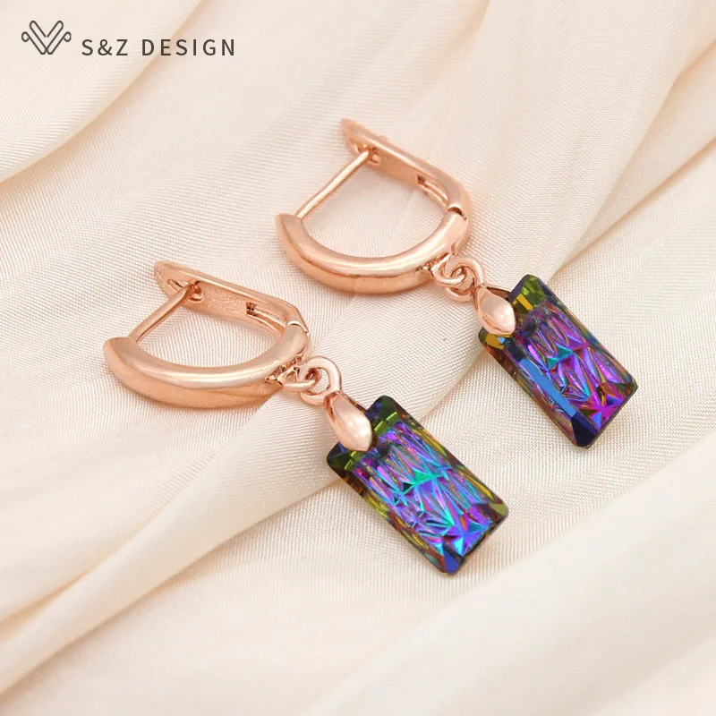 S & Z DESIGN New Elegant 585 orecchini pendenti in cristallo quadrato Color oro rosa per le donne Girl Wedding Party Fashion Fine Jewelry