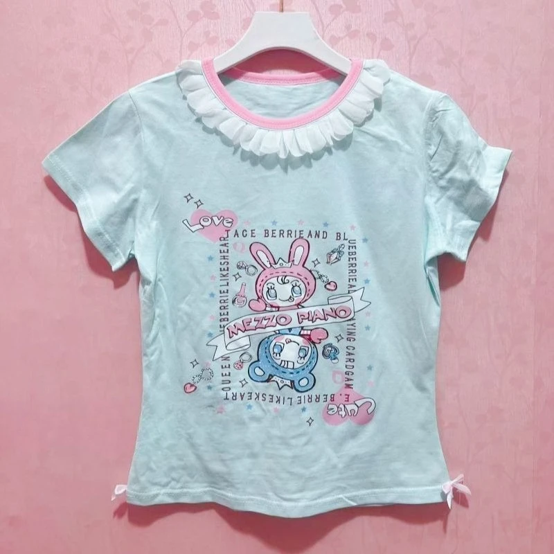 Y2k اليابانية Kawaii الكرتون طباعة بلايز المرأة Harajuku لطيف سليم تي شيرت الجمالية Preppy الجنية الجرونج كم طويل تي شيرت