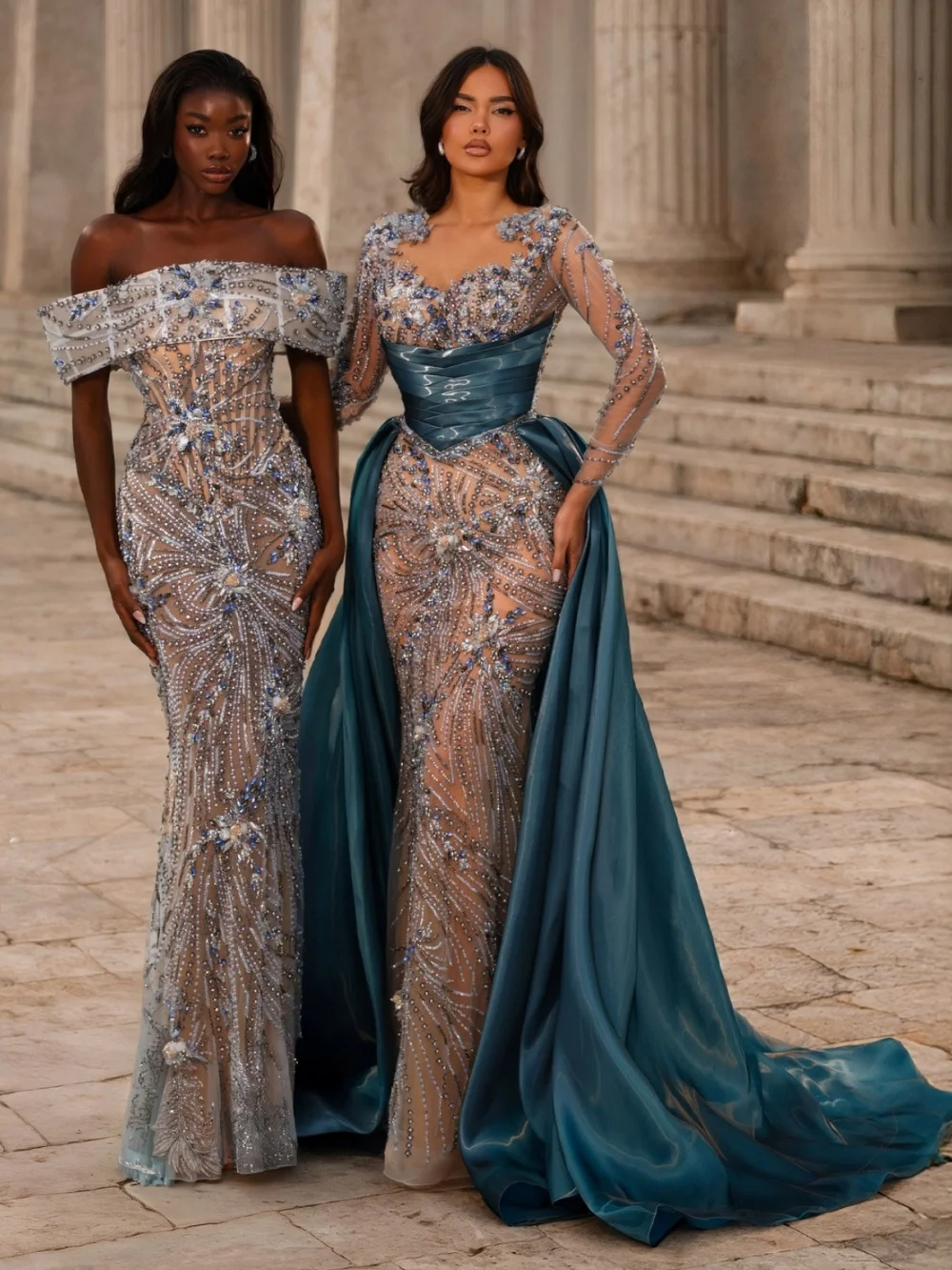 Dazzling Off Shoulder Evening Gown Timeless Faded Baby Blue Rhinestone Bead Mermaid Party Dress For Wedding Guests فساتين سهرة