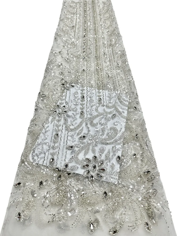 

African Luxury Hand-Beaded Stone Lace Fabric - High-Quality Nigerian Sequin Tulle for Wedding Gown & Evening Dress
