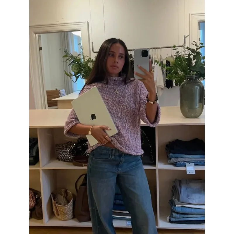 

Color Blocking Knitted Pullover Women Casual Full Sleeve Three-quarter Sleeve Loose Sweater 2026 Lady Spring Commute Pullovers