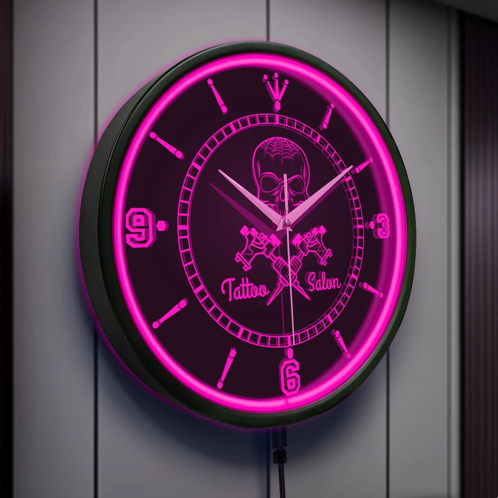 Tattooed Skull LED Neon Sign Glowing Wall Clock For Mancave Tattoo Studio Tattoo Artist Tattooist Metal Frame Lighted Wall Clock