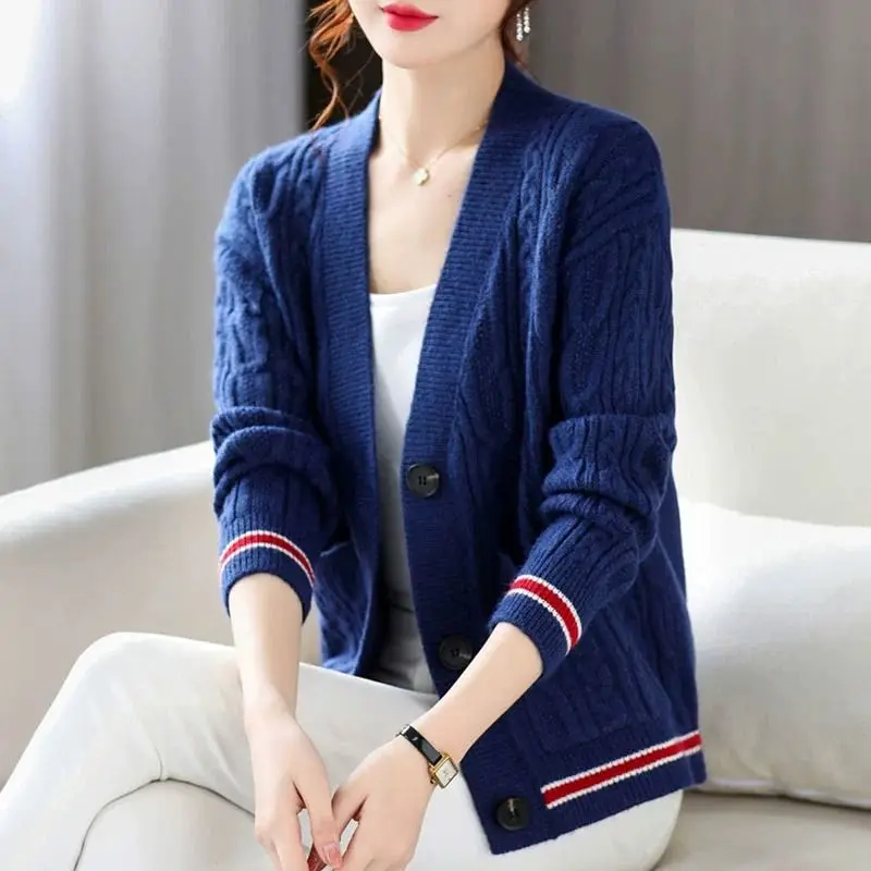 2023 Autumn Winter Women\'s Vintage Twists Single Breasted Outewear Knitted Cardigan Casual V Neck Long Sleeve Loose Sweater Coat