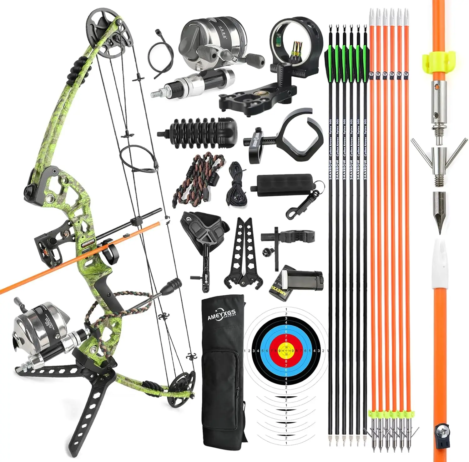 ชุดโบว์ตกปลาสีเขียวถนัดซ้ายพร้อมชุดเหยื่อปลาพร้อมกับรีลโบว์ตกปลาลูกศรขวาและซ้ายสำหรับ