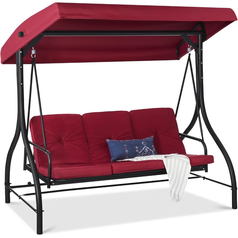 

3 outdoor large convertible awning swing, terrace lounge chair with flat bed, adjustable shade, detachable mat - Burgundy red