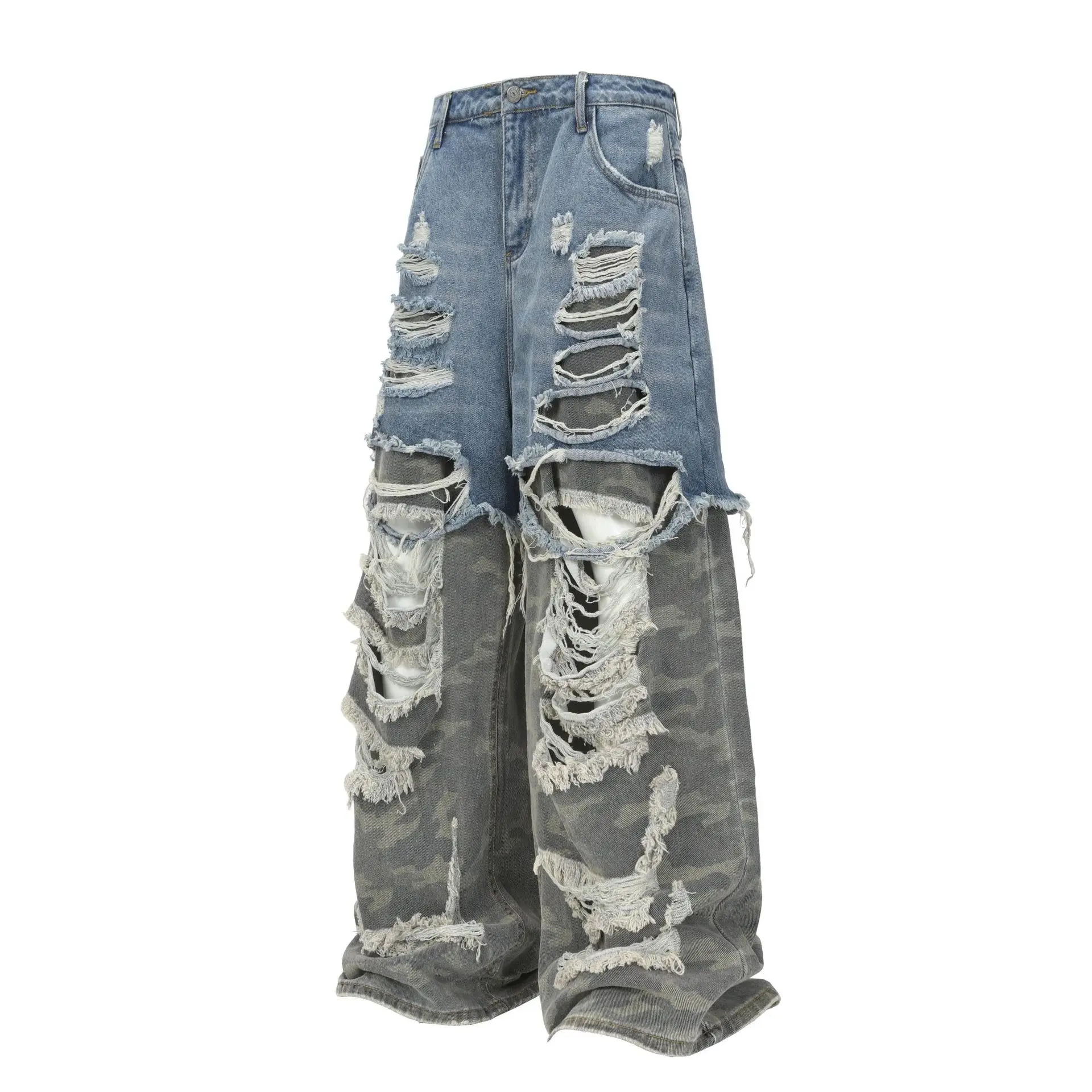 

Harakuju Vintage Casual Jeans Pants Washed Hip Hop Camouflage Denim Trousers For Male Patchwork