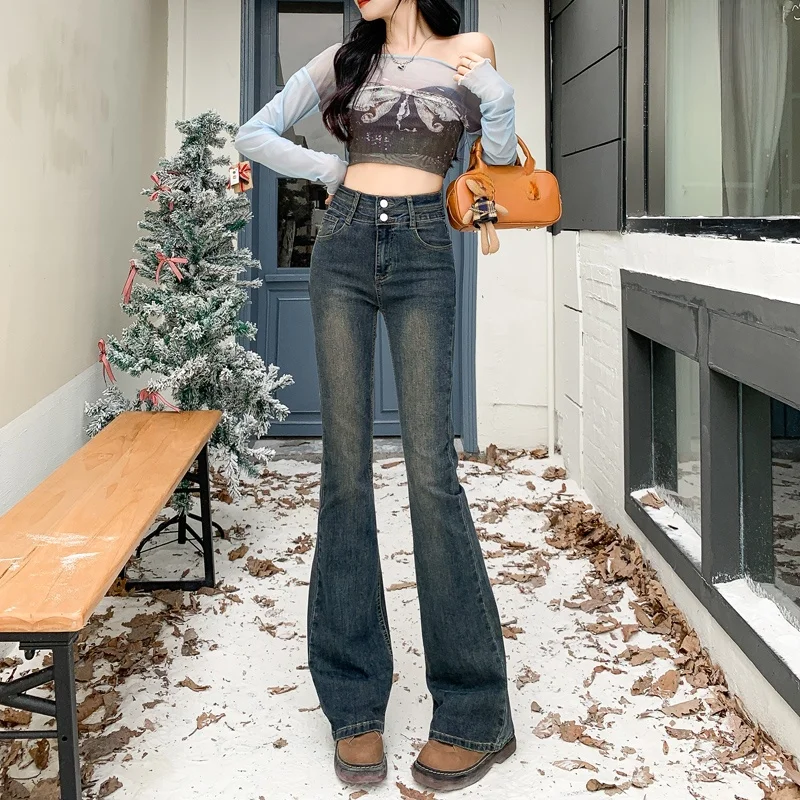 

Джинсы-боты с высокой талией на подкладке Fce, женские винтажные теплые хлопковые эластичные джинсовые повседневные брюки-ботинки на зиму