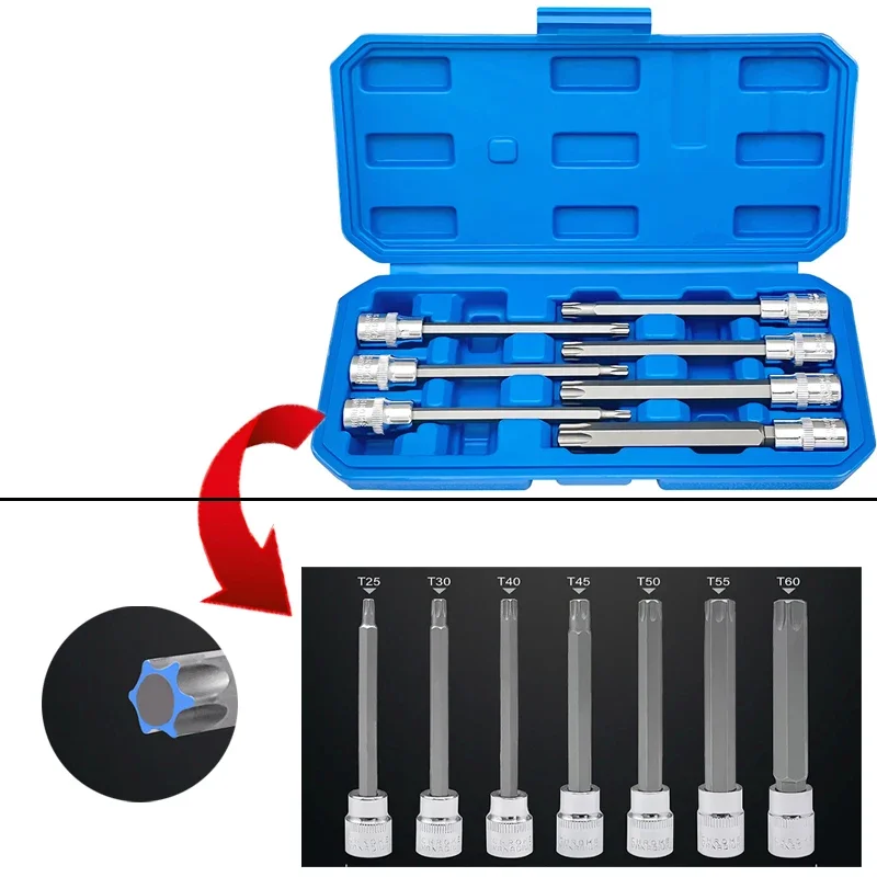 

7pcs 110mm Extra Long Torx Star Bit Socket Set 7 Piece T25-T60 CR-V and S2 Material 3/8" Drive 110mm Length Premium S2 Steel