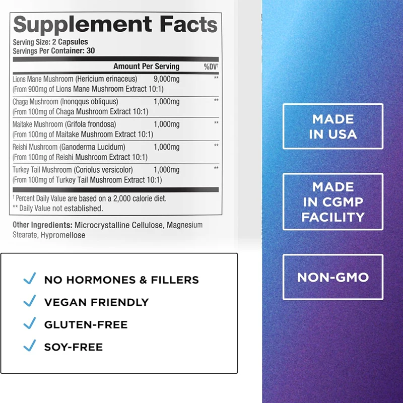 9000mg Organic Lion Mane Supplement Capsule, containing Ganoderma lucidum and shiitake mushrooms, supports health view 5