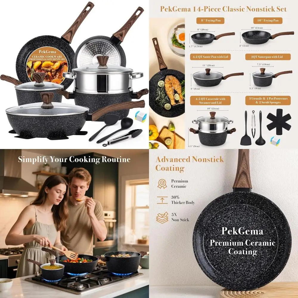 

Black 14-Piece Nonstick Ceramic Cookware Set, Healthy Induction Compatible Pots and Pans, PFTE-Free Kitchenware