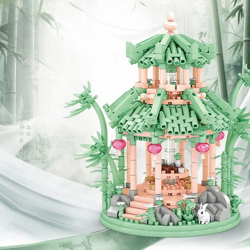 OUZEY 10" Chinese Long Pavilion Building Blocks, 14+ Micro Particles DIY Ancient Architecture Model, Creative Desk Decor Gift