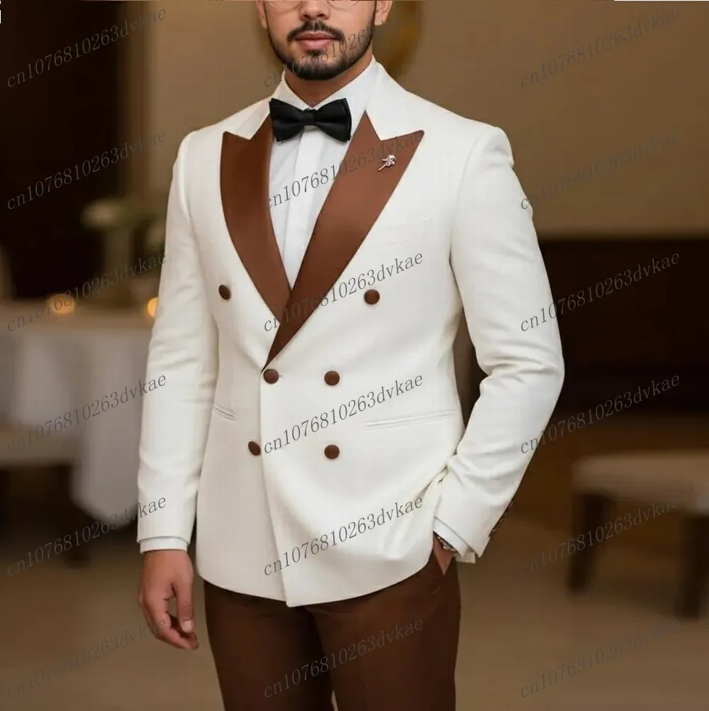 

New White And Brown Men Suit Wedding Party Formal Groom Groomsman Prom Business Male Tuxedos 2 Piece Set Jacket Pants