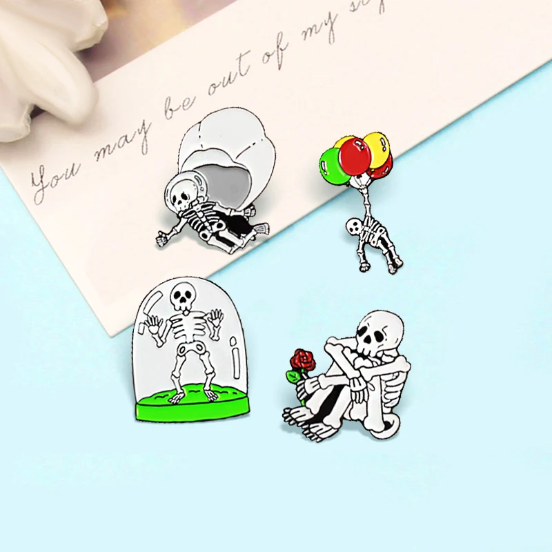 Funny Skeleton Brooches Rose Flowers Balloon Skydiving Skull Enamel Pin Backpack Lapel Badge Punk Jewelry For Women Accessories