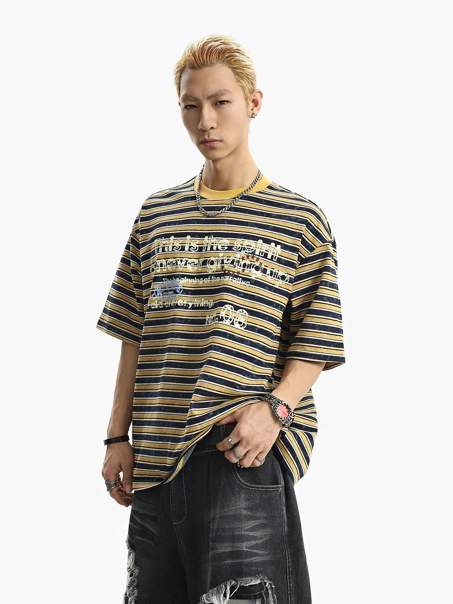 

BETEBULE American High Street Letter Print Striped round Neck Short Sleeve T-Shirt Men Summer Trendy Loose Top for Couples