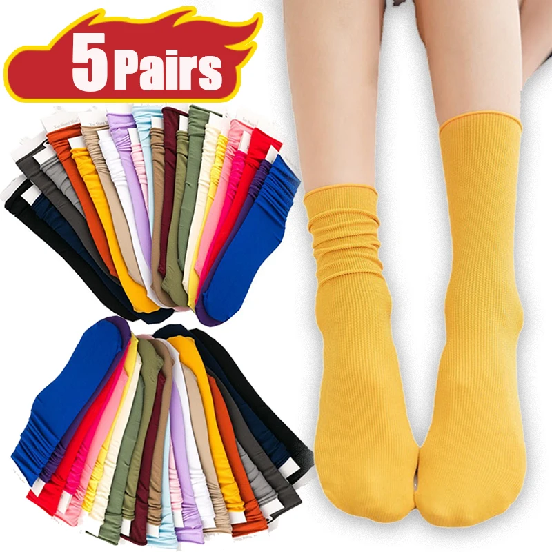 

5Pairs Loose Socks Women Solid Colors Needles Knitting Striped Cotton Women's Sock JK Uniform Accessories Cosplay Stacking Socks