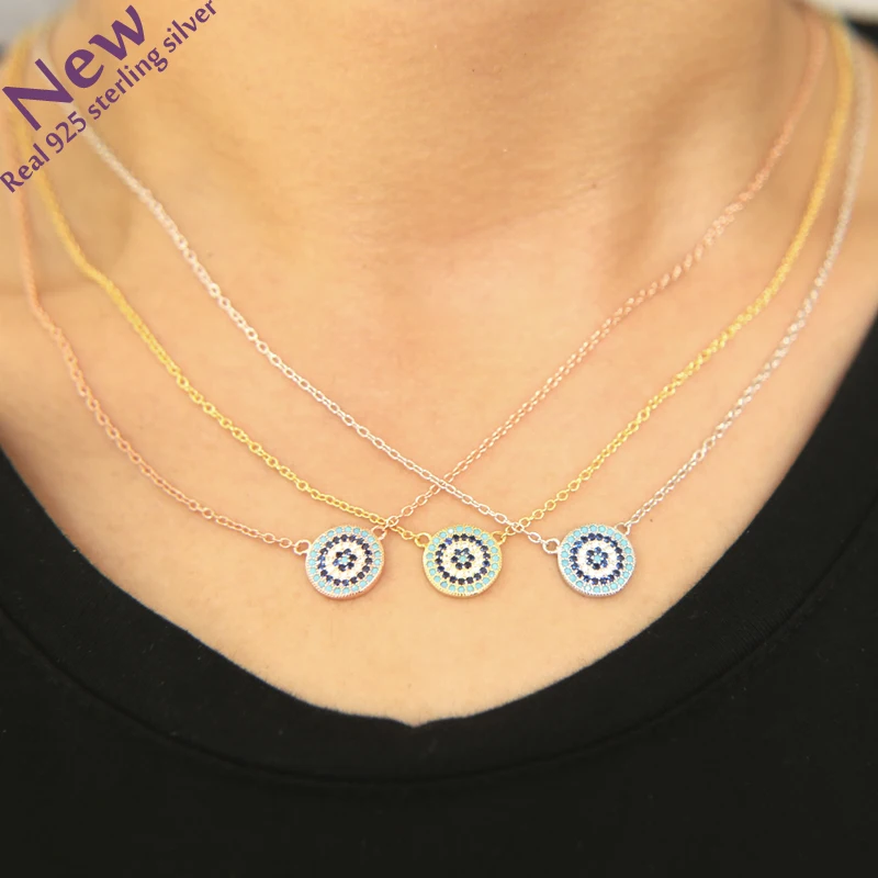 925 Sterling Silver Evil Eye Hamsa Cz Turquoises Paved Round Eyes Charm Pendant Necklace New Lucky Girls Fashion Jewelry