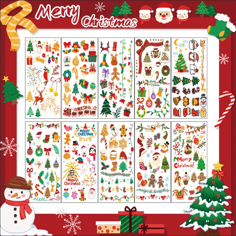 

10 Sheets Cartoon Christmas Temporary Tattoos For Kids Cute Santa Snowman Christmas Tree Stickers Non Toxic Skin Safe