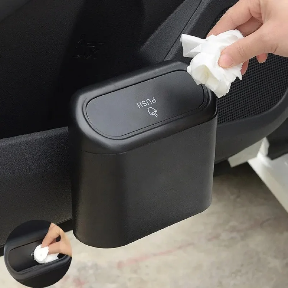 Car Trash Bin Hanging Vehicle Garbage Dust Case Storage Box Black Square Pressing Type Trash Can Auto Interior Accessories