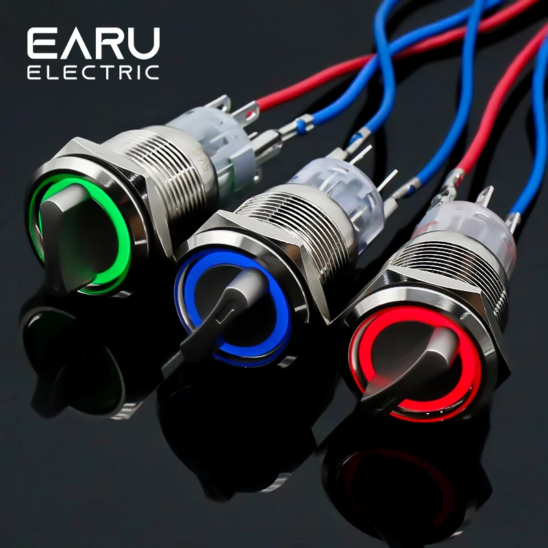 19mm 2 3-pozycyjny metalowy przełącznik obrotowy z zatrzaskiem Przełącznik przyciskowy z podświetleniem LED 12V 220V 1NO1NC Czerwony Zielony
