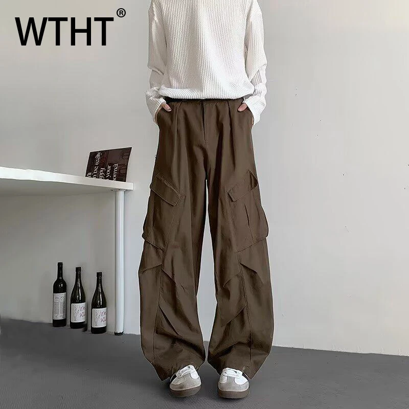

WTHT модные мужские лоскутные карманы однотонные брюки-карго винтажные модные широкие свободные прямые брюки мужские летние 2A0156