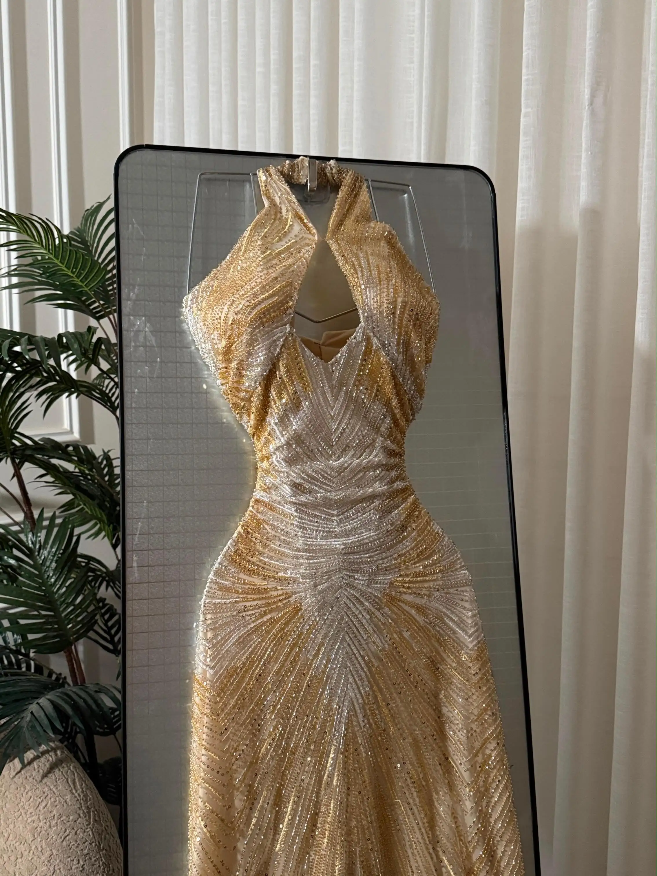 Champagne Gold Prom Dress Halter Keyhole Neck Backless Sunburst Radial Gradient Beaded Mesh Fitted Mermaid Irregular Hem Skirt W