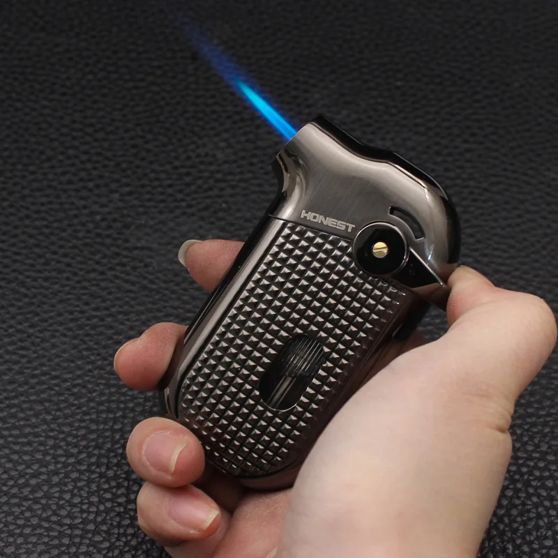 2026 HONEST All Metal Windproof Blue Flame Butane Gas Lighter Swing Arm Ignition Visual Gas Window Portable Cigar Lighters Gifts