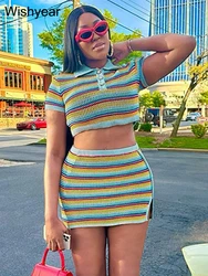 Knitted Stripe Two 2 Piece Dress Set Women Short Sleeve Crop Top and Mini Split Skirts Outfit Sexy Night Clubwear Suit Birthday