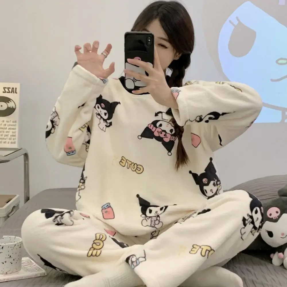 Kawaii Anime Hello Kitty Plush Pajama Set Cartoon Cinnamoroll Coral Velvet Women Sleepwear Warm Winter Girls Flannel Homewear