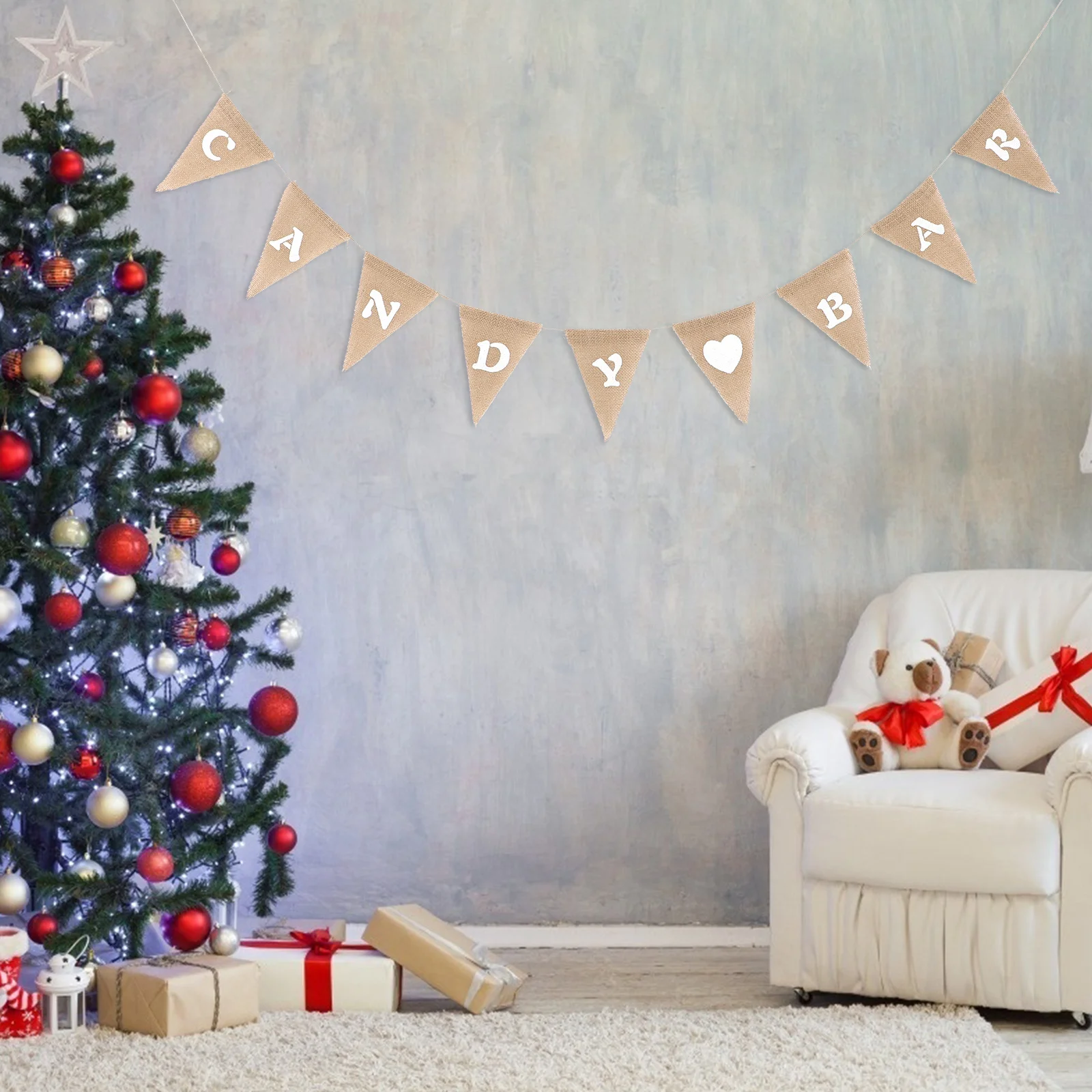 

9pcs Candy Bar Burlap Flag Banner 2.8M Party Wedding Decoration Bunting Triangle Hessian Color Brown White 13X17Cm