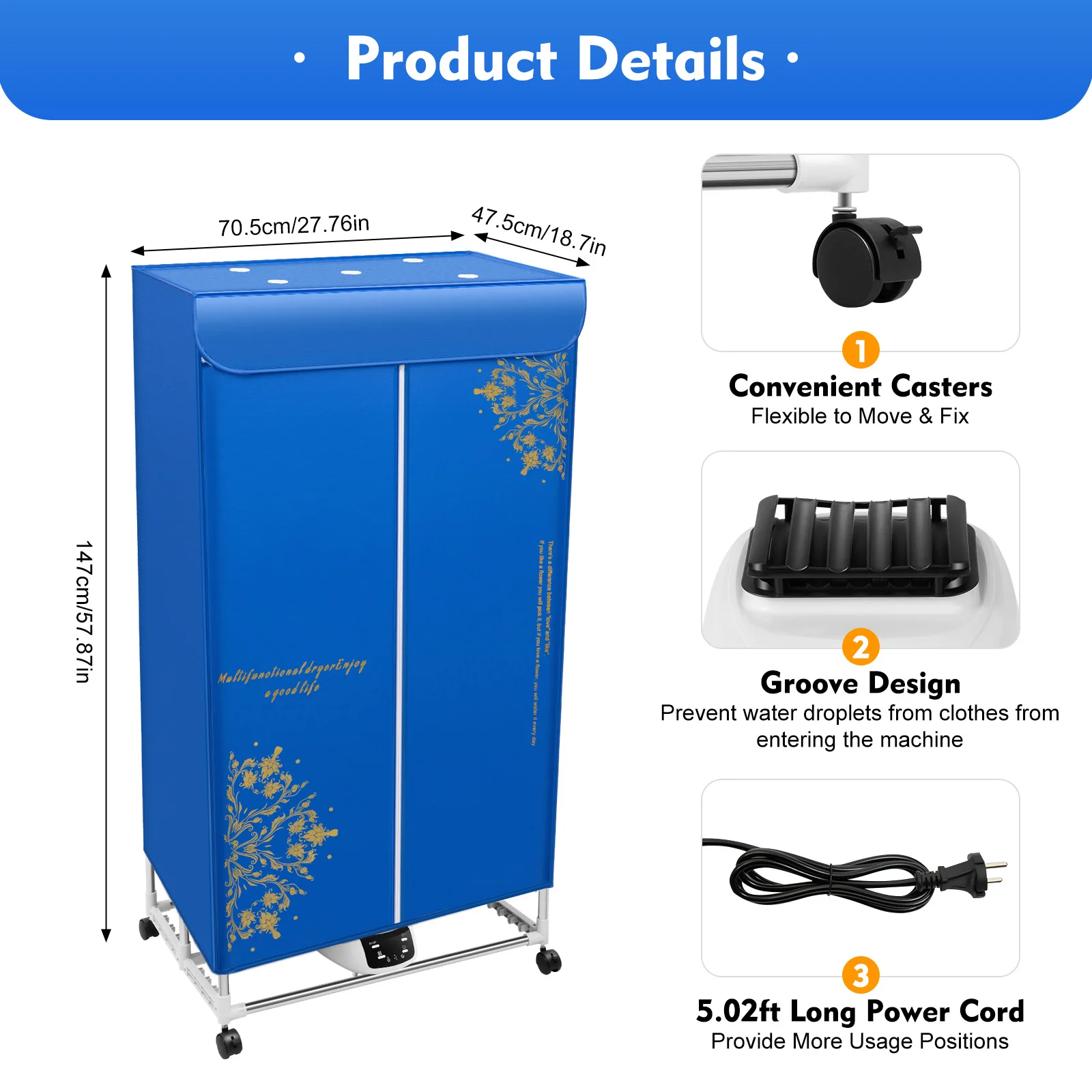 1500W Electric Clothes Dryer Folding Dryer with Remote Control Portable Travel Dryer Machine