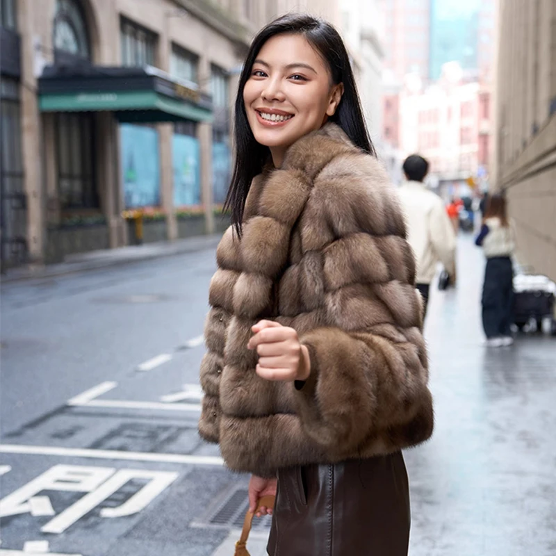 Ftangaiur Winter Import Russian Sable Fur Coat Turn-Down Collar Sable Coat Women Long Sleeve Short Natural Real Sable Fur Coats