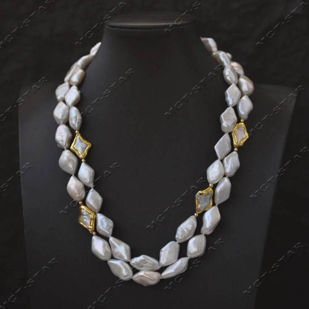 MTC·STAR 2Row 19'' 20mm White Diamond Shape Freshwater Golden Star Pearl Necklace (Z14350)