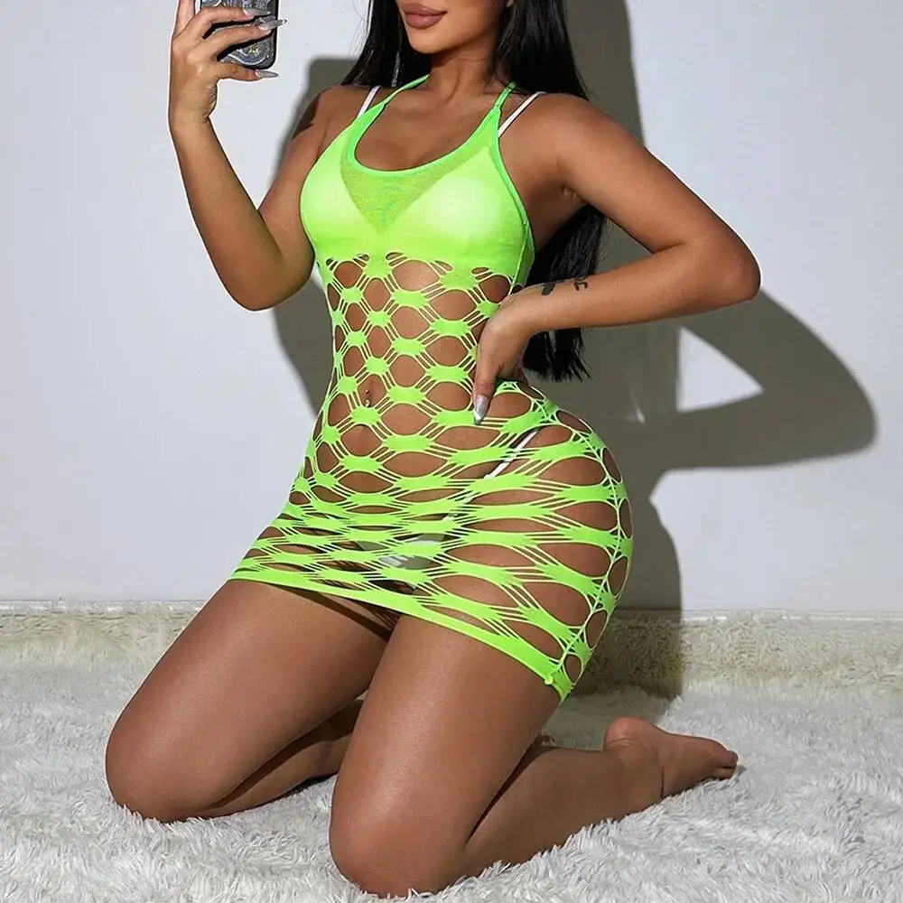 فستان مثير شفاف بلون سادة مفرغ ملفوف على الورك بدون ظهر بحمالات عميقة على شكل حرف V بدون أكمام فستان أنيق ساحر N85K