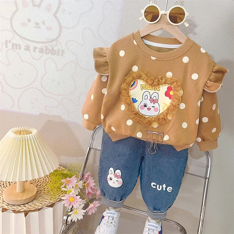 Baby Girls Cartoon Sweatshirt Jeans Children Clothing Sets Spring Autumn Infant Casual Clothes Outfits Kids Princess Costumes