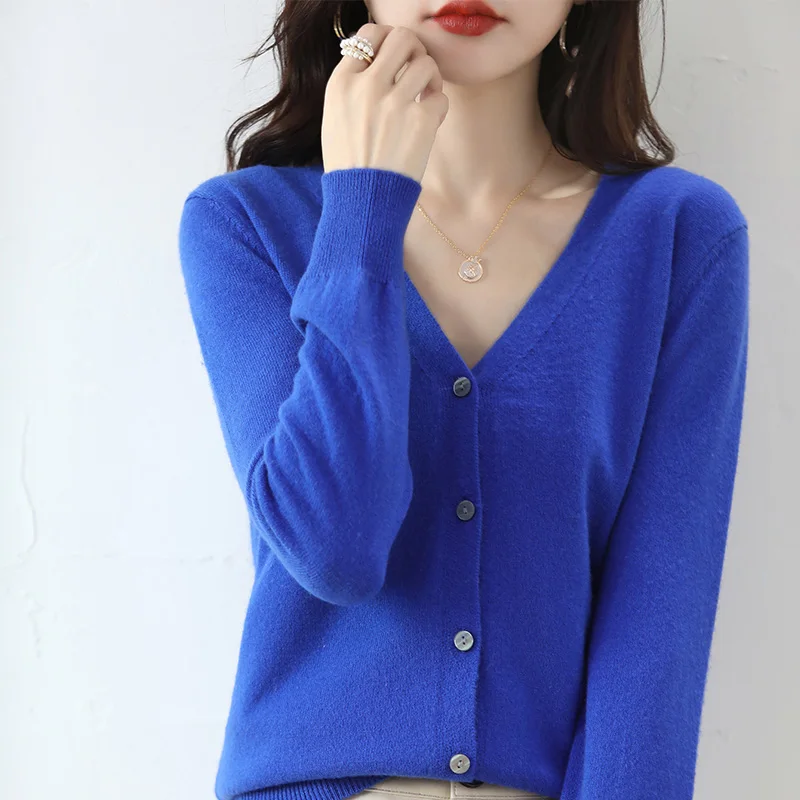 Cashmere Women Cardigan V-Neck Sweater Spring Autumn Winter Female Long Sleeve Wool Knitted Solid Soft