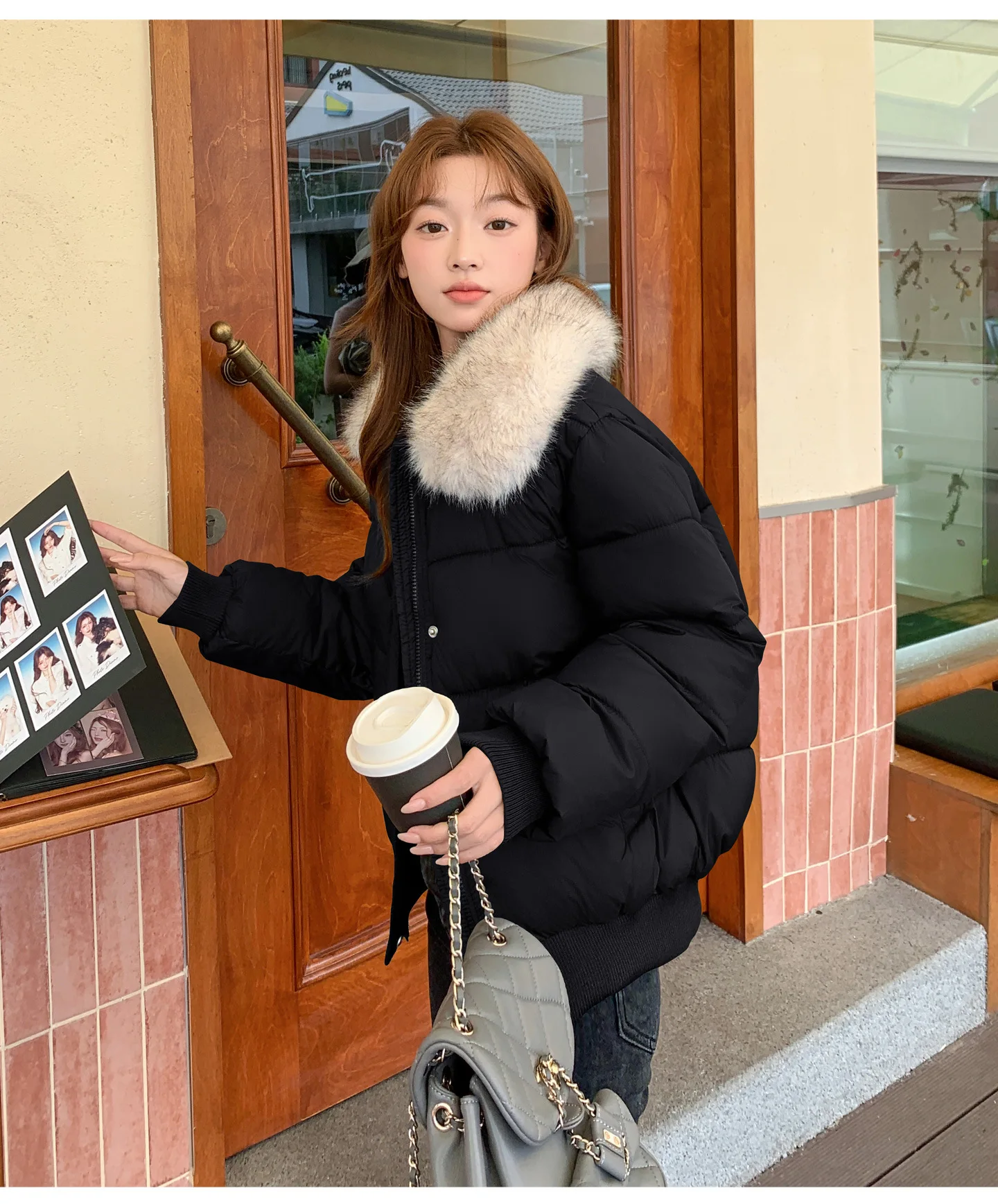 Korean Version Fashion Gray Long-sleeved Short Down Cotton Clothes Women's Winter New Removable Fur Collar Splicing Warm Jacket