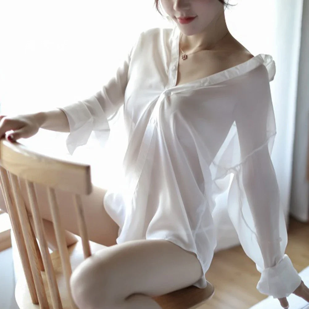 

Women Sleepwear Sexy Lingerie Boyfriend Shirt Temptation Transparent Pajamas Hollow Nightdress Pajamas Sleep Tops Sleep Shirt