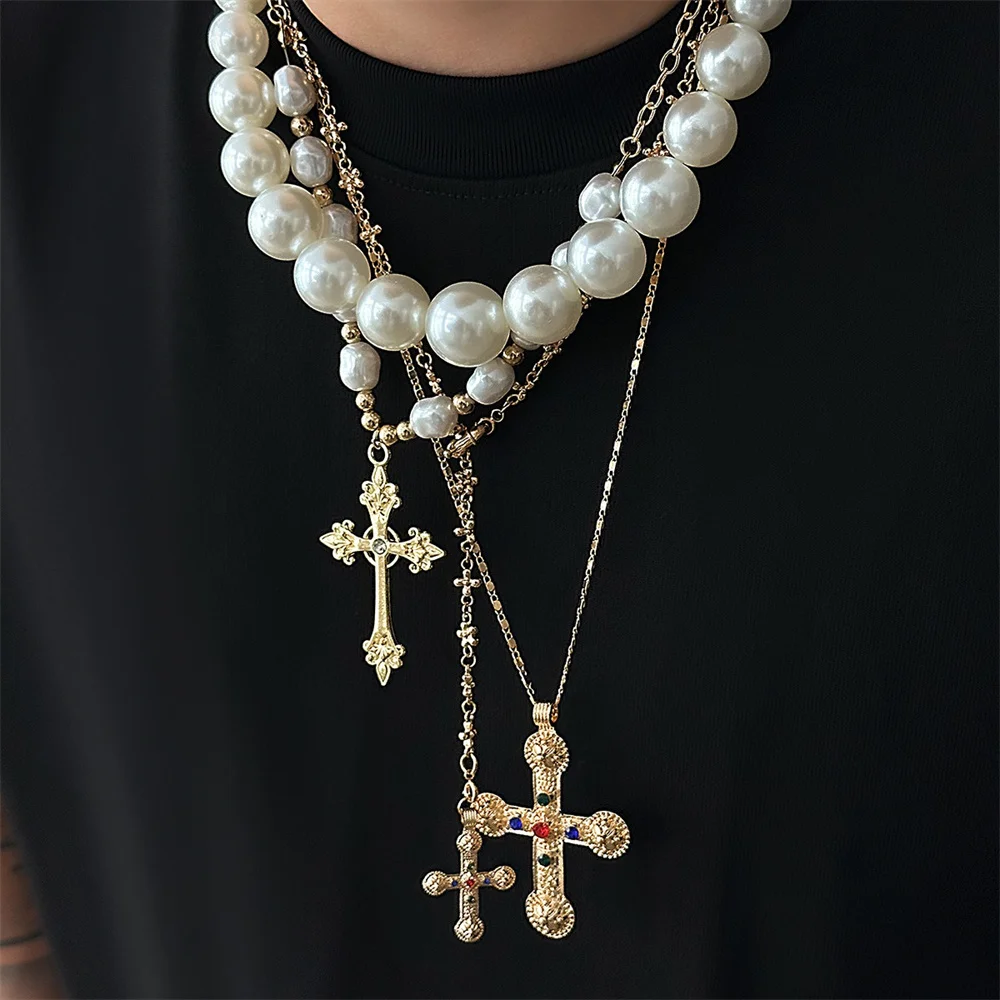 Vintage Punk Zircon Cross Pendant Necklace for Men Women Fashion Imitation Pearl Beaded Choker Necklace Statement Y2K Jewelry