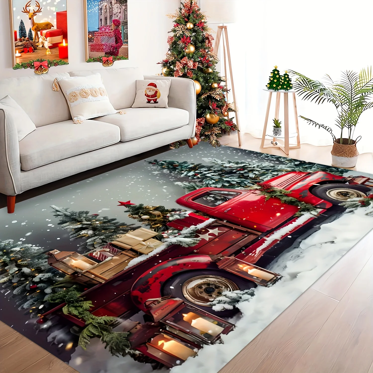 VIKAMA Vintage Red Truck Large Rug,Anti‑Slip Indoor Mat,Snow Scene Pine Branch Gift Print Carpet for Bedroom Festival Decoration