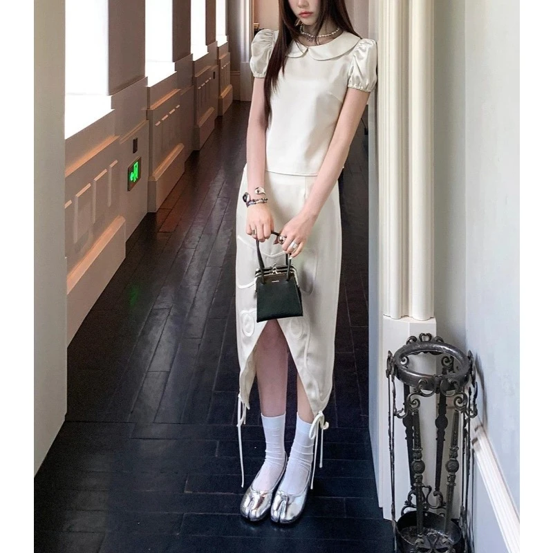 

Premium Feel Smooth Fashion Bubble Sleeve Patch Top Skirt Set Women's Summer New